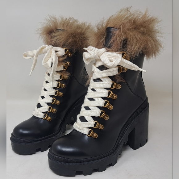 Gucci Shoes - Gucci Womens Magnum Calfskin Fur Lace Up Combat Ankle Boots Black 37.5 EU 7.5 US